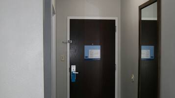 A hallway with a dark wooden door, a light fixture on the ceiling, and a wall-mounted mirror.