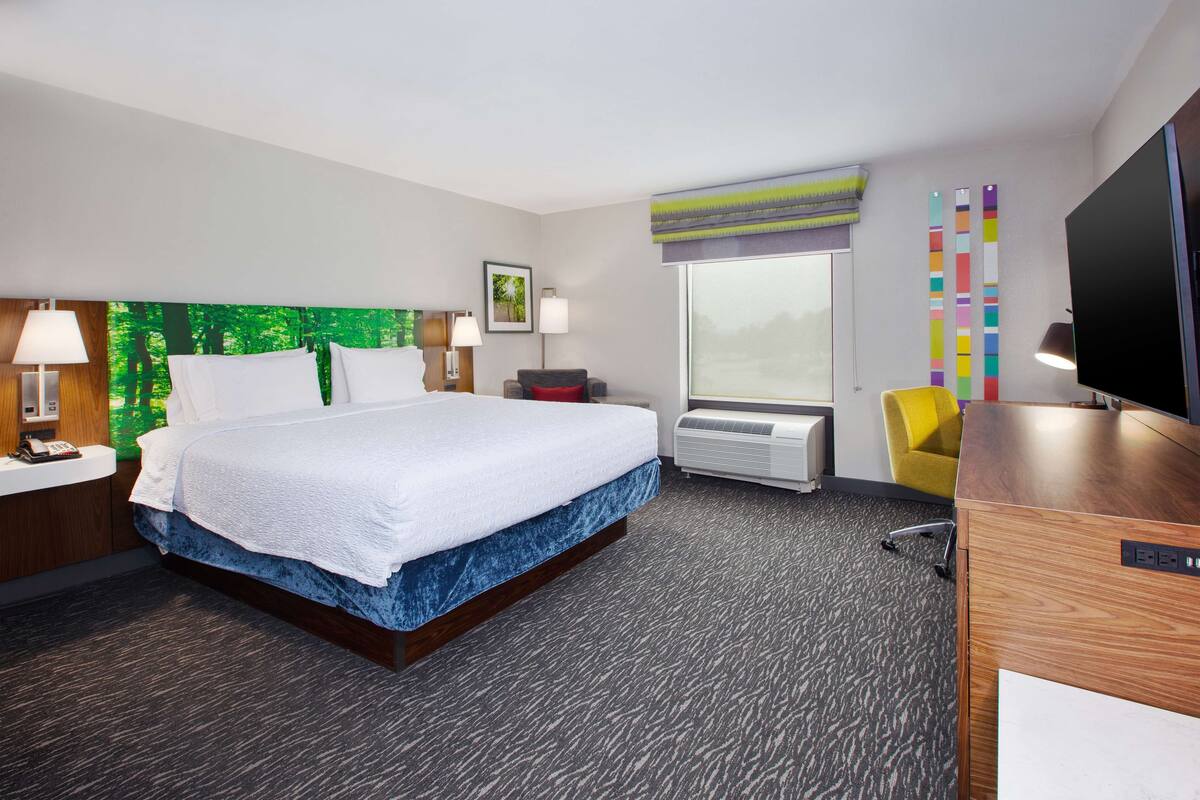 A hotel room with a large bed, a desk, a chair, a TV, a window, and a wall with colorful vertical stripes.