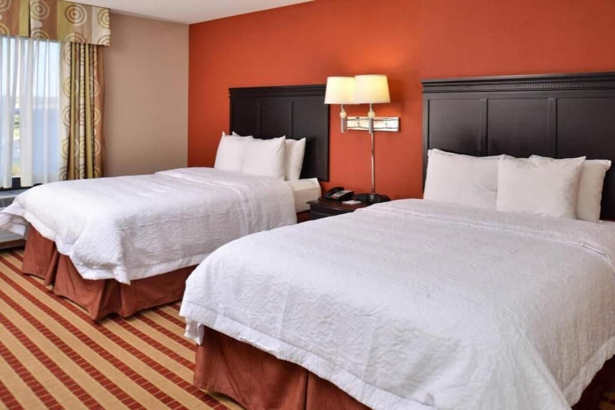 A hotel room with two beds, a red wall, a striped carpet, and a nightstand with a lamp.