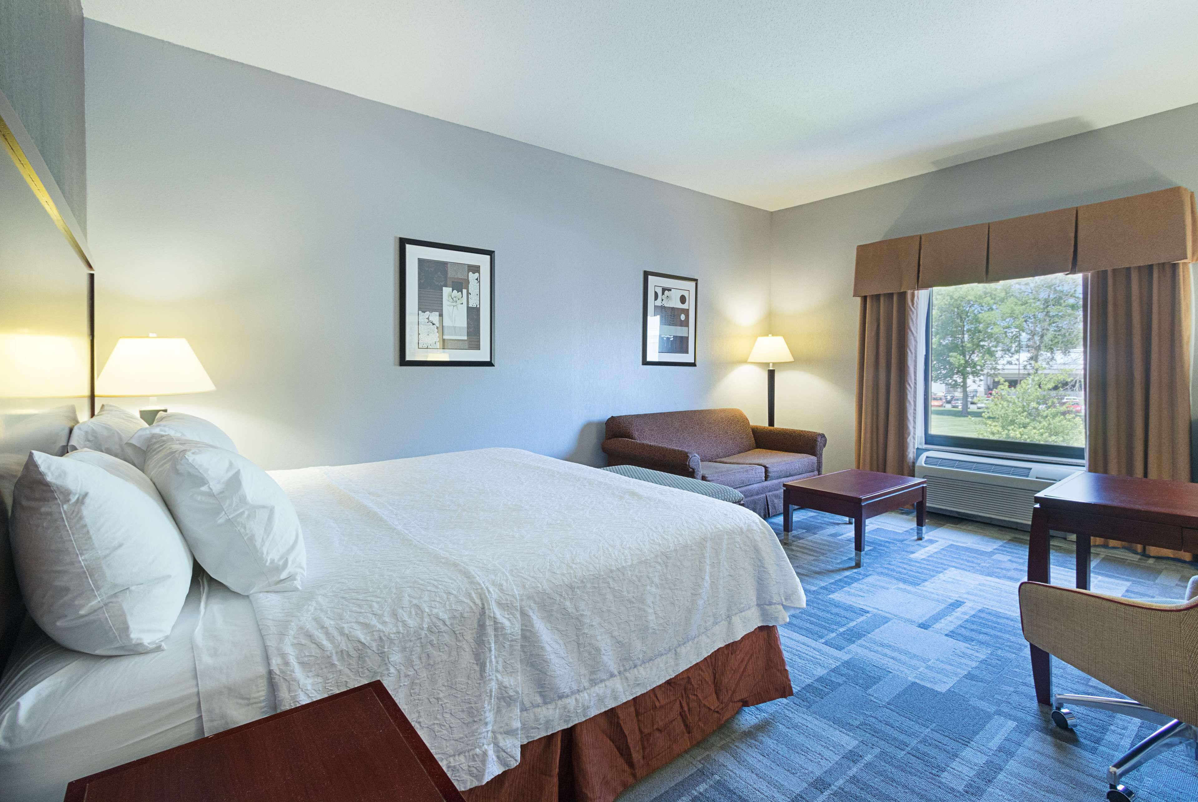 Une chambre d’hôtel avec un lit, un canapé, un bureau et une fenêtre avec des rideaux.