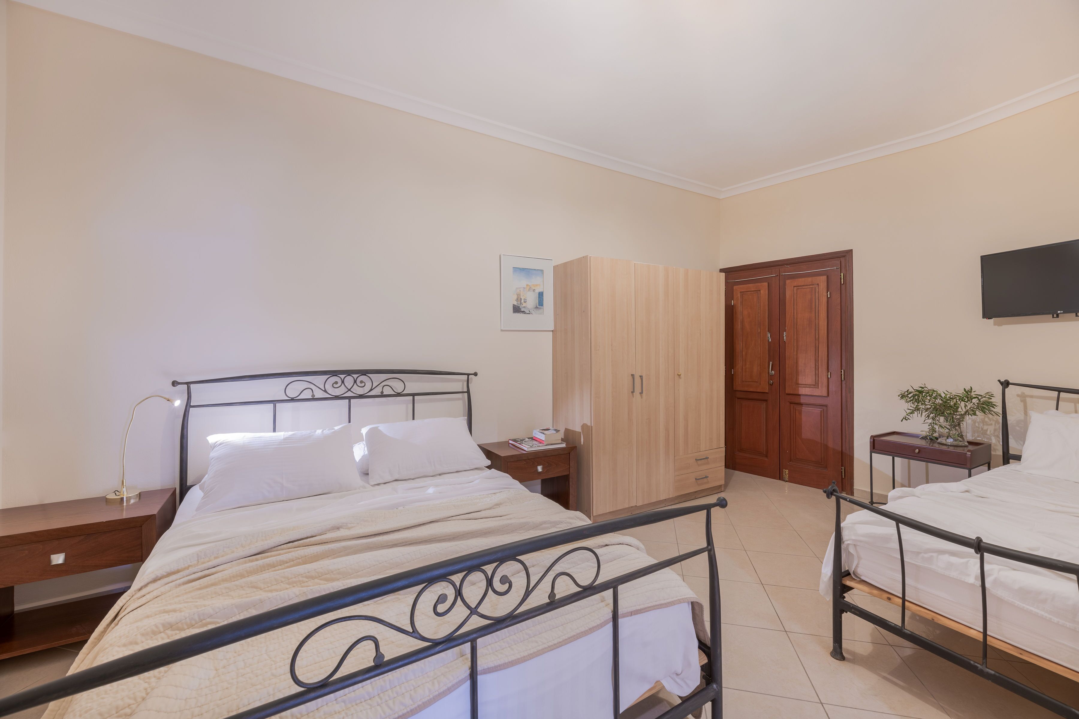 A bedroom with a bed, a wardrobe, a nightstand, a TV, and a plant.