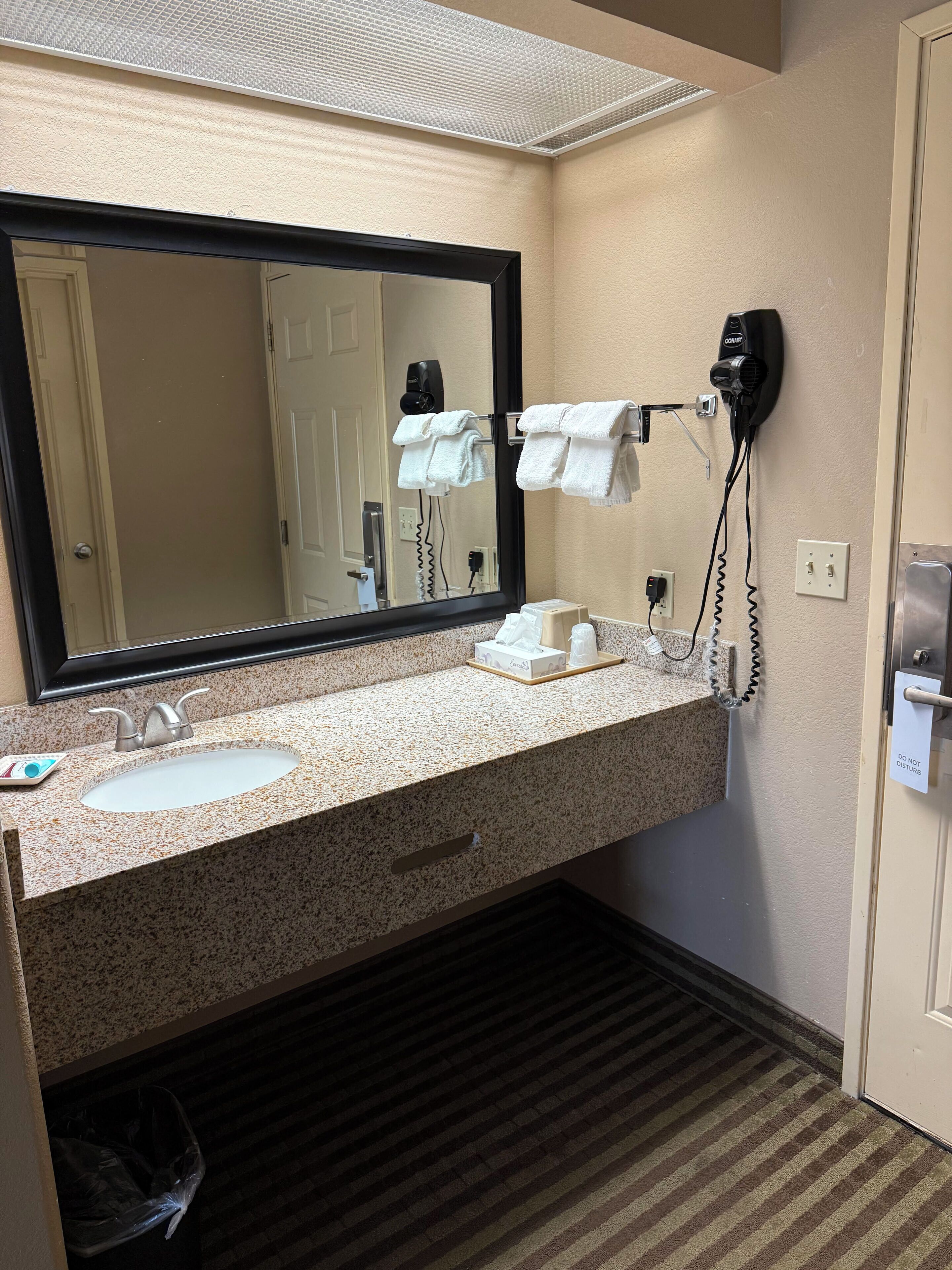 A hotel bathroom with a sink, mirror, towel rack, and hair dryer.