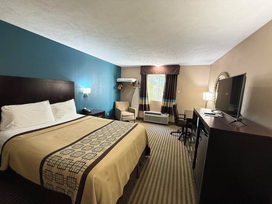 A hotel room with a bed, a desk, a chair, a television, and a window with curtains.