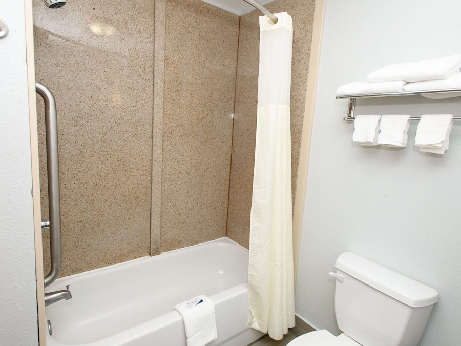 Ein Badezimmer mit Badewanne, Duschvorhang und Toilette.