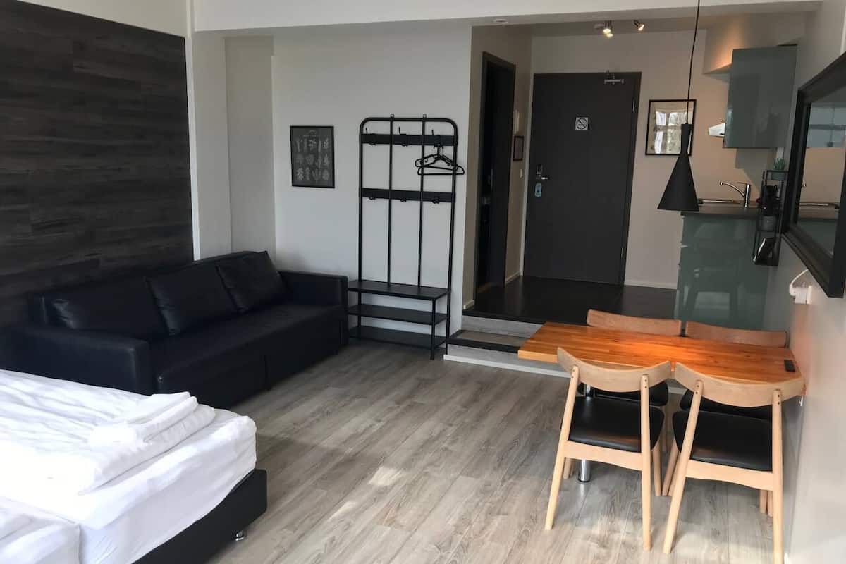 A modern bedroom with a black sofa, a wooden bed, a small wooden table, and a black hanging rack.