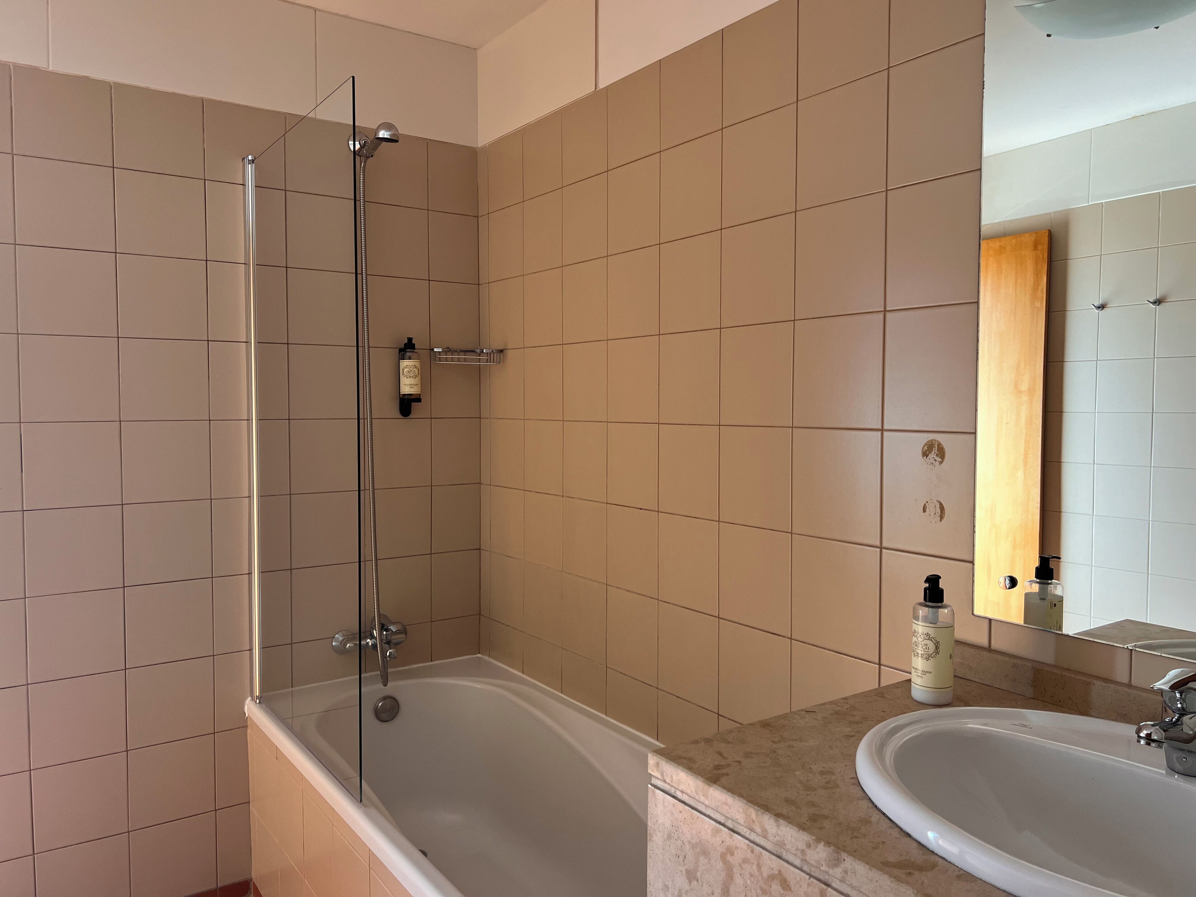 A modern bathroom with a glass-enclosed shower, a bathtub, and a sink with a mirror.