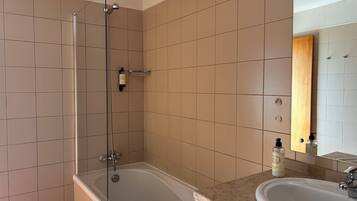 A modern bathroom with a glass-enclosed shower, a bathtub, and a sink with a mirror.