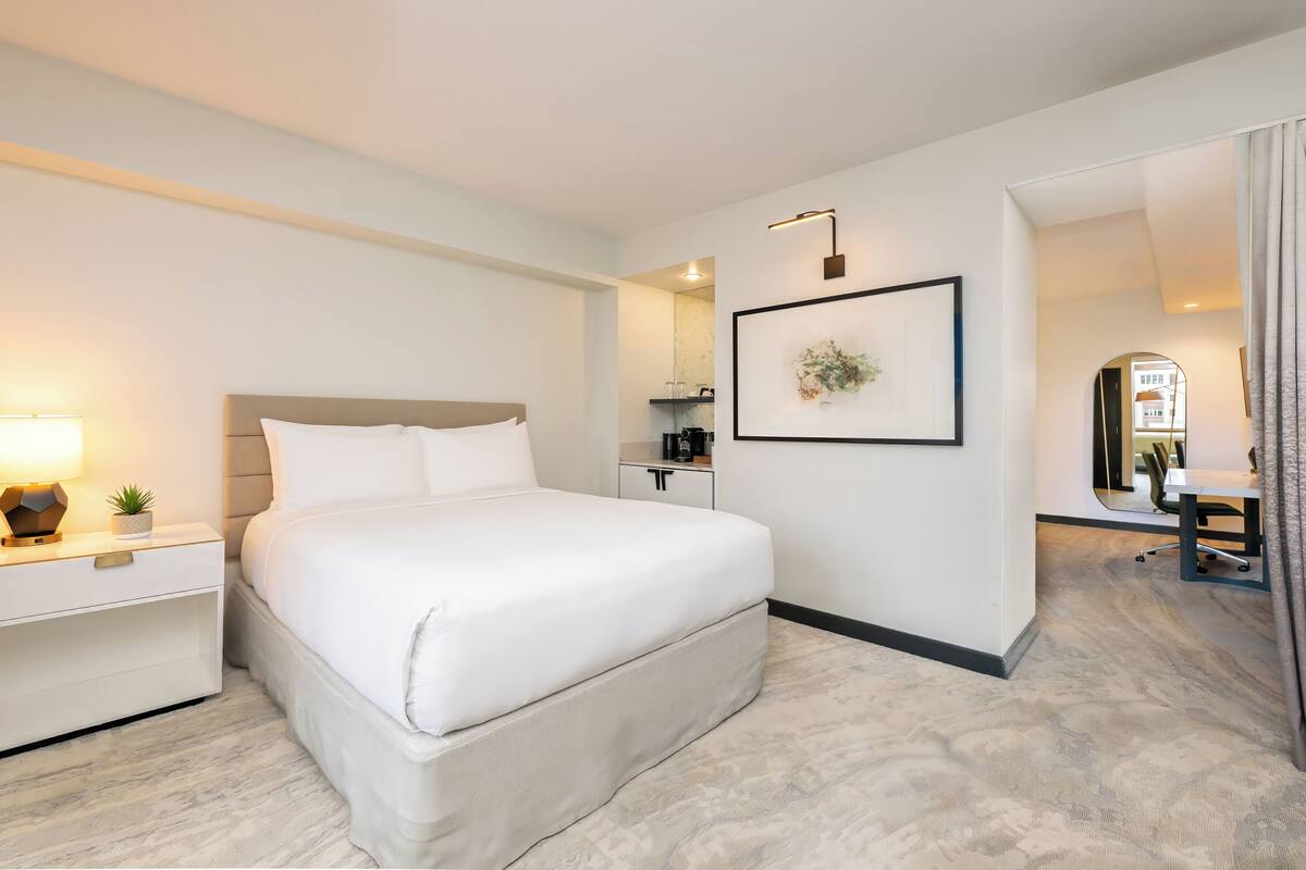 A modern hotel room with a large bed, bedside table, lamp, and a small plant.
