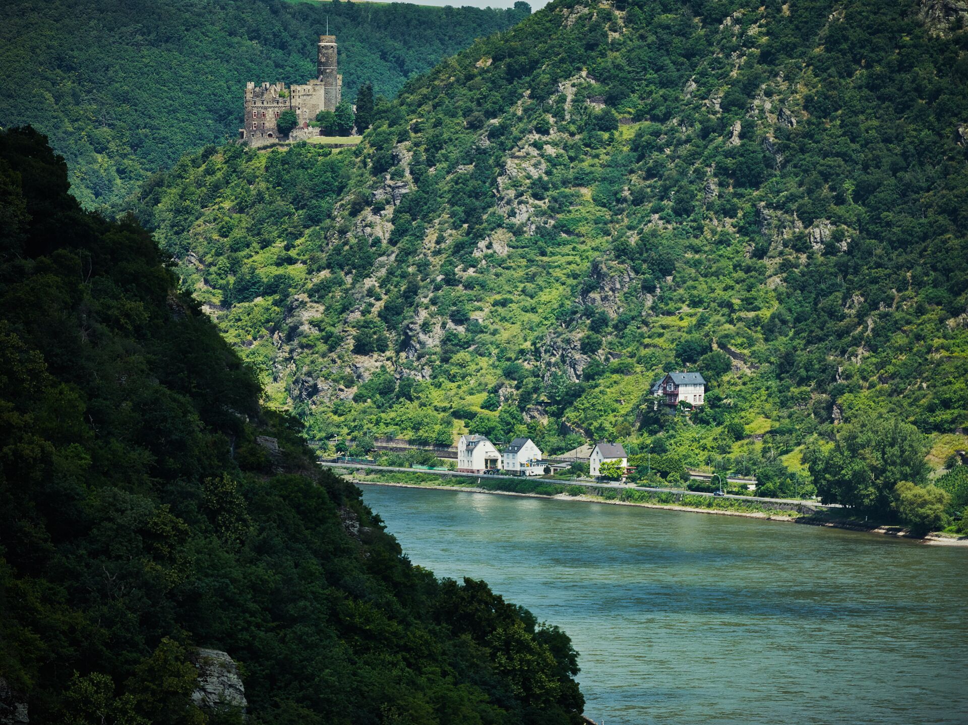 A riverside view with a castle and houses on a hillside.