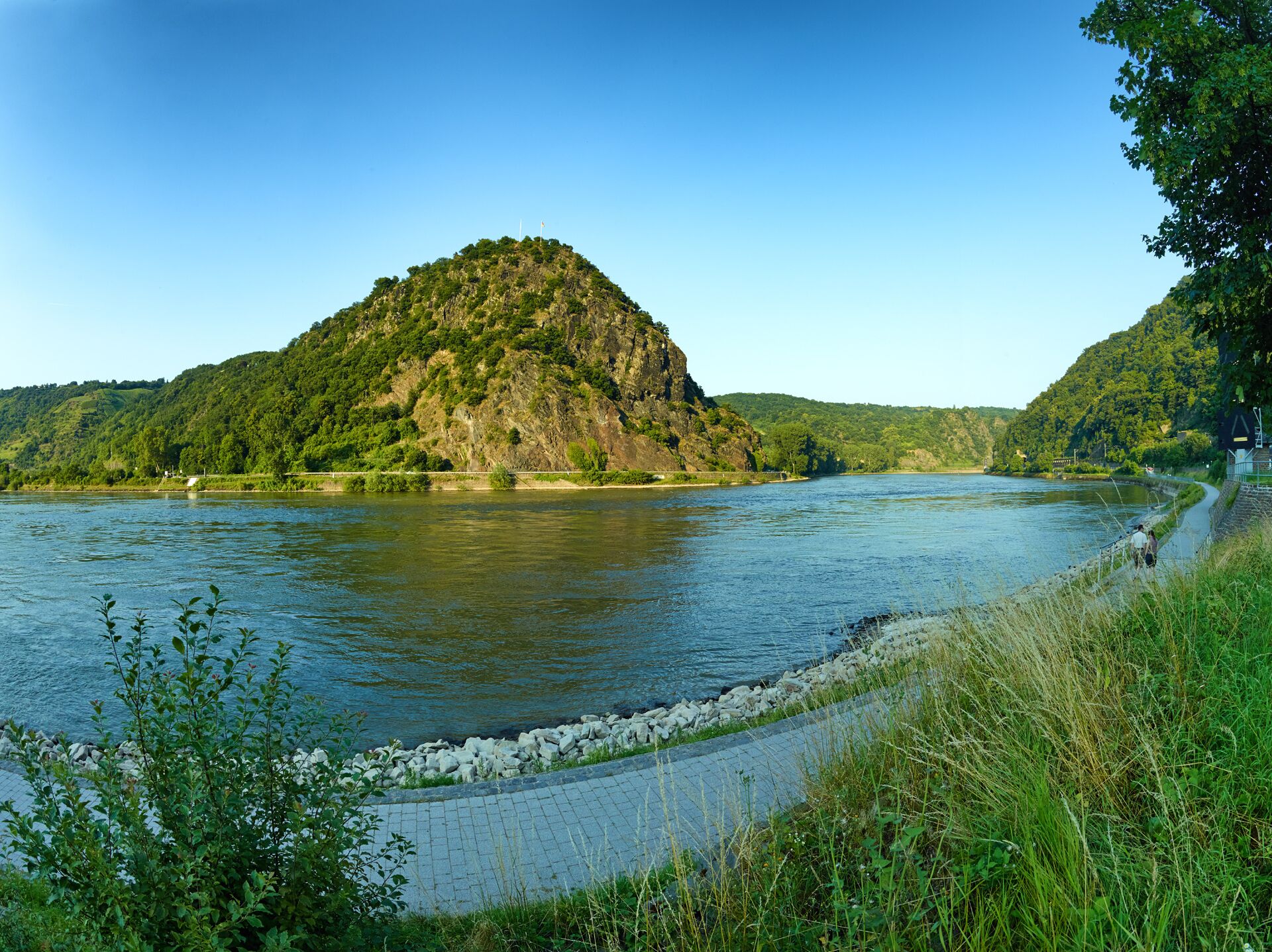 A river with a rocky island, a paved walkway, and greenery.