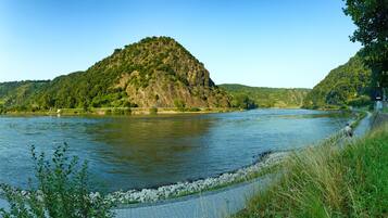 A river with a rocky island, a paved walkway, and greenery.