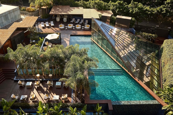 Piscine extérieure, chaises longues