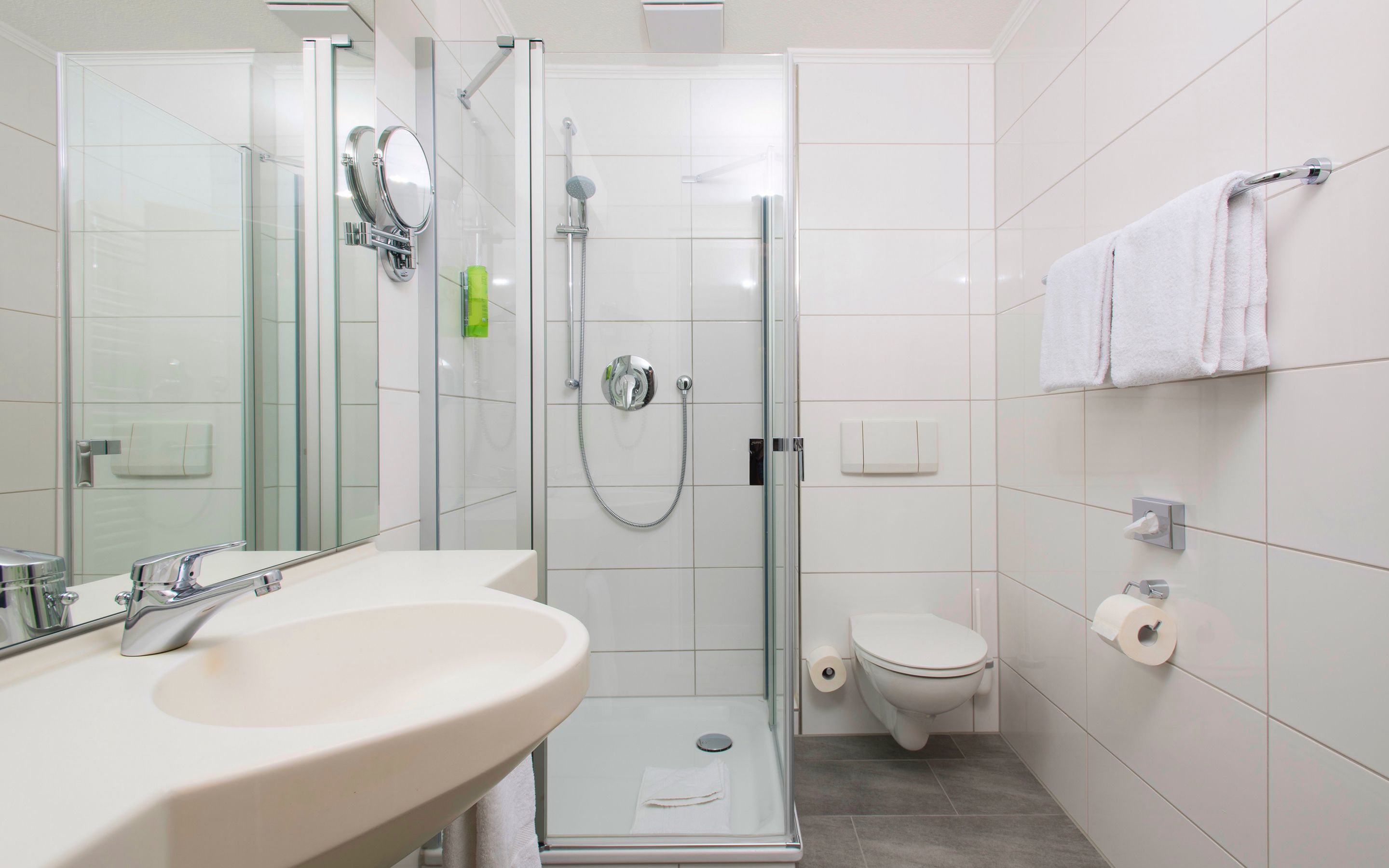 A modern bathroom with a glass-enclosed shower, a white sink, and a toilet.