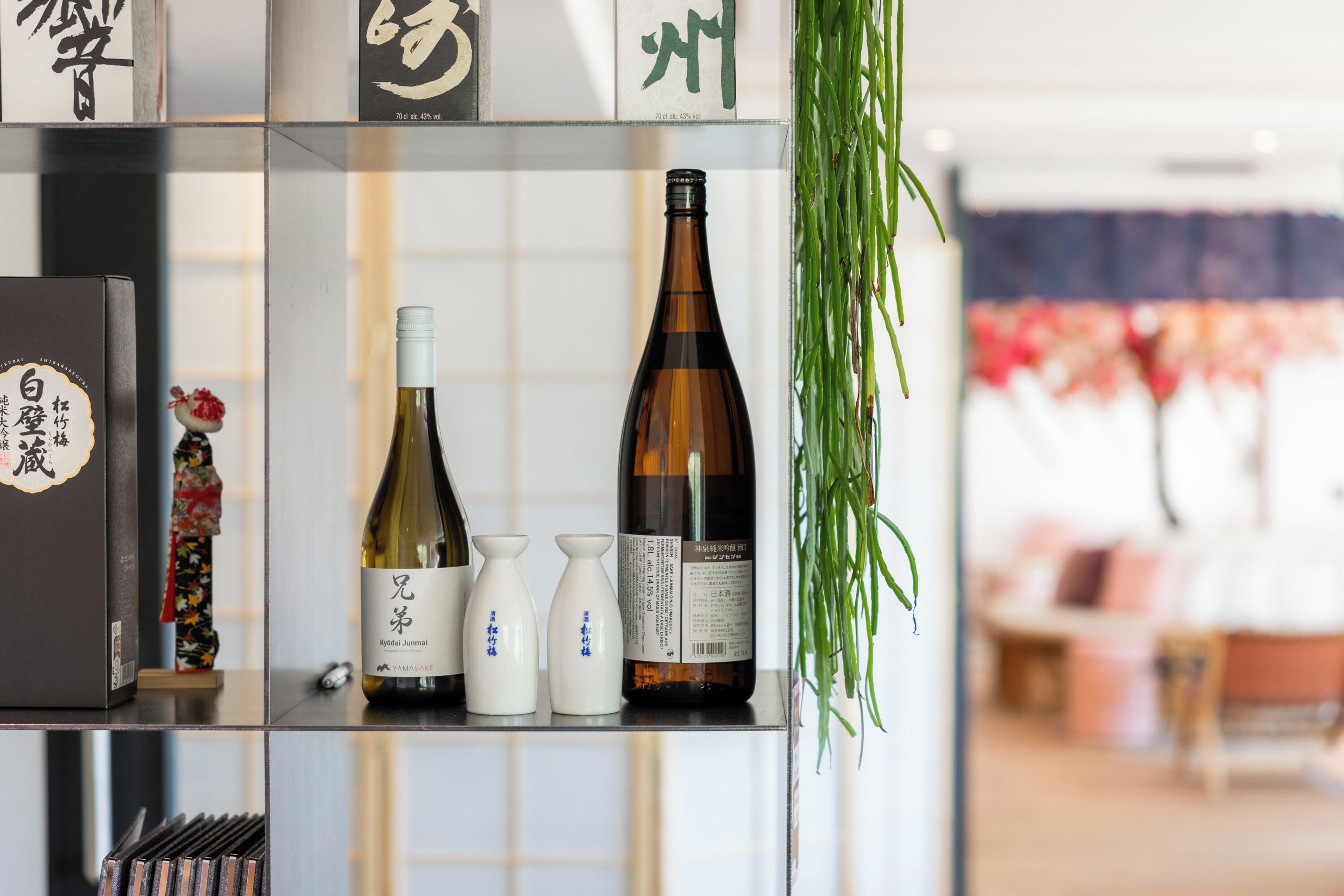 A shelf with bottles and a vase, a decorative item, and a plant.