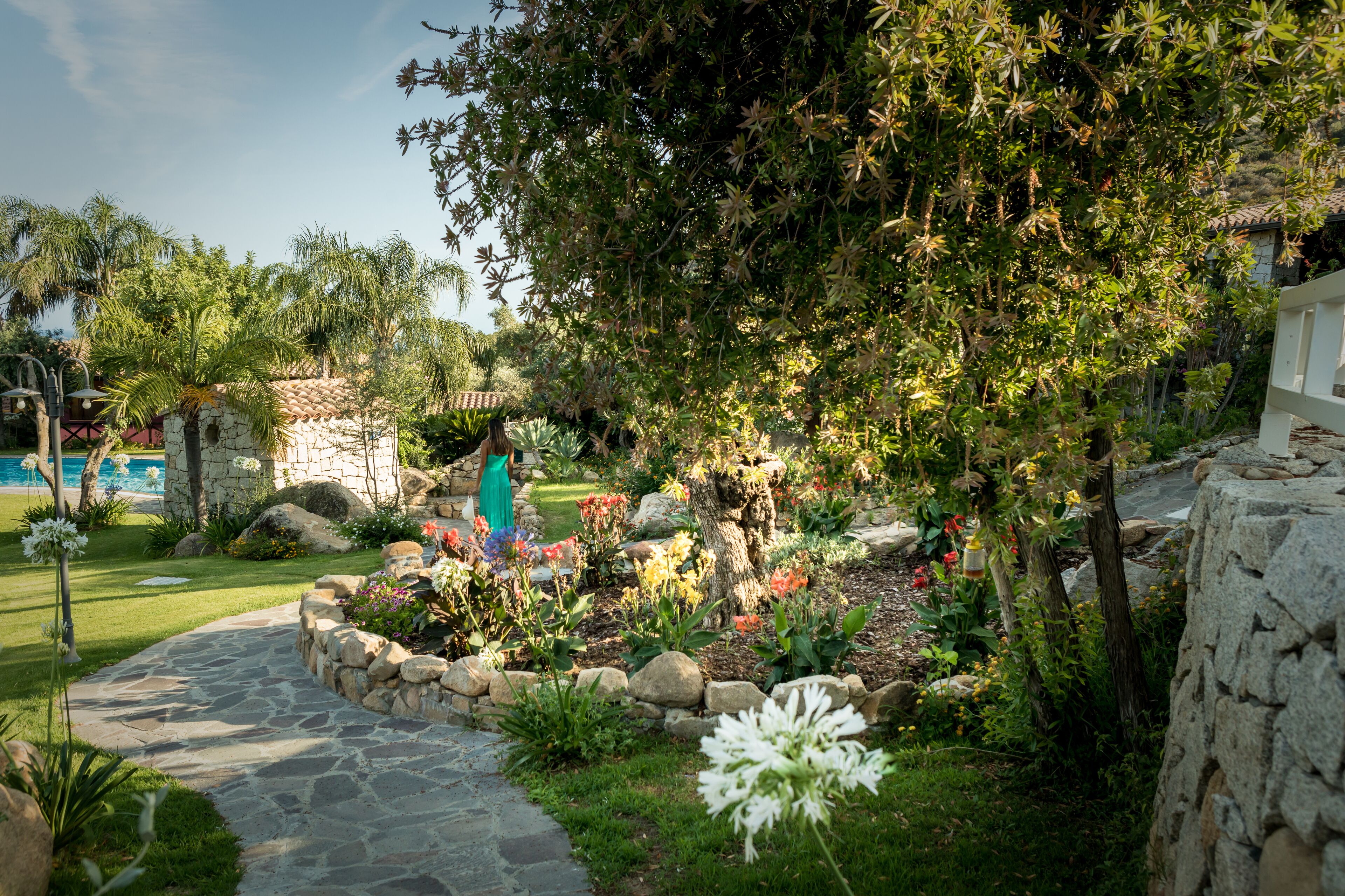 A garden with a stone pathway, various plants, and a stone wall.