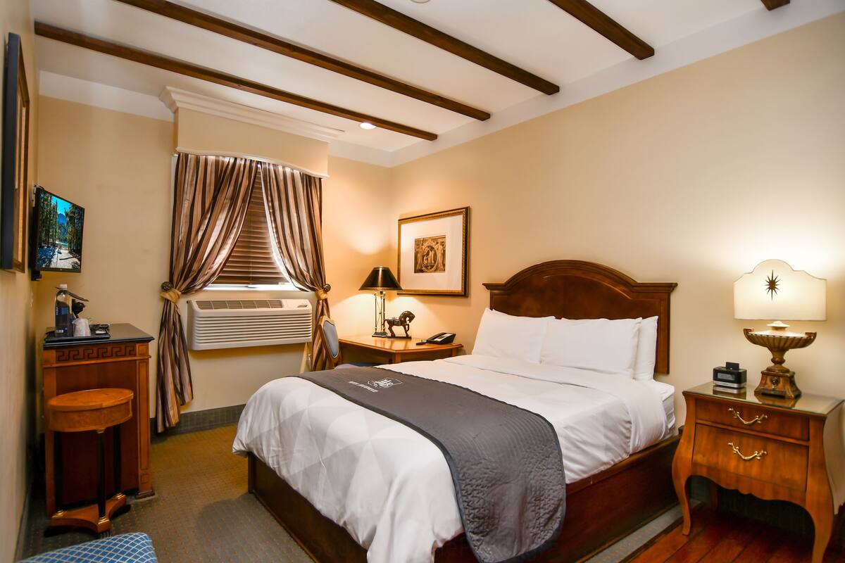 Habitación de hotel con una cama grande, una mesita de noche con lámpara, aire acondicionado, una ventana con cortinas y un cuadro en la pared.