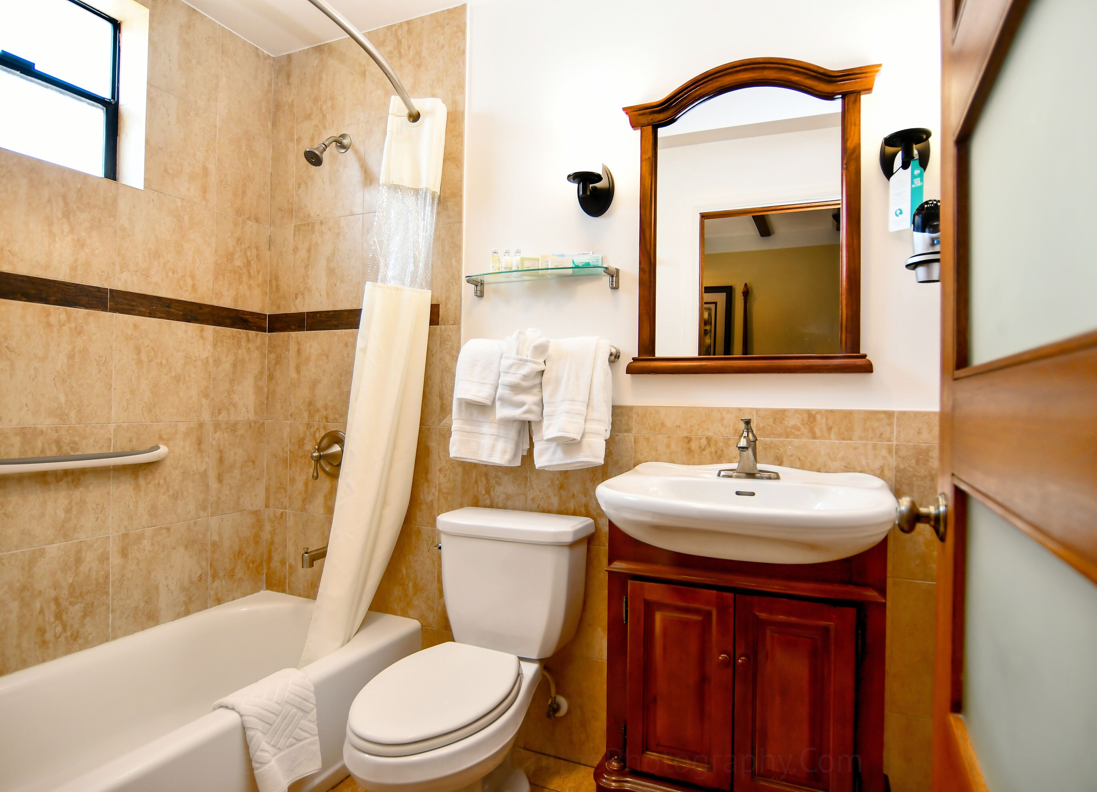 free toiletries, hair dryer, dressing gowns, towels