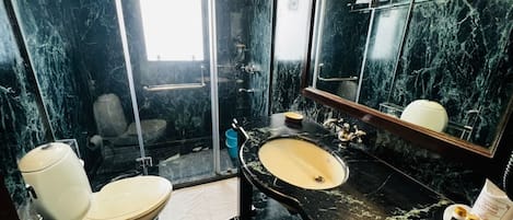 A bathroom with a toilet, sink, and shower.