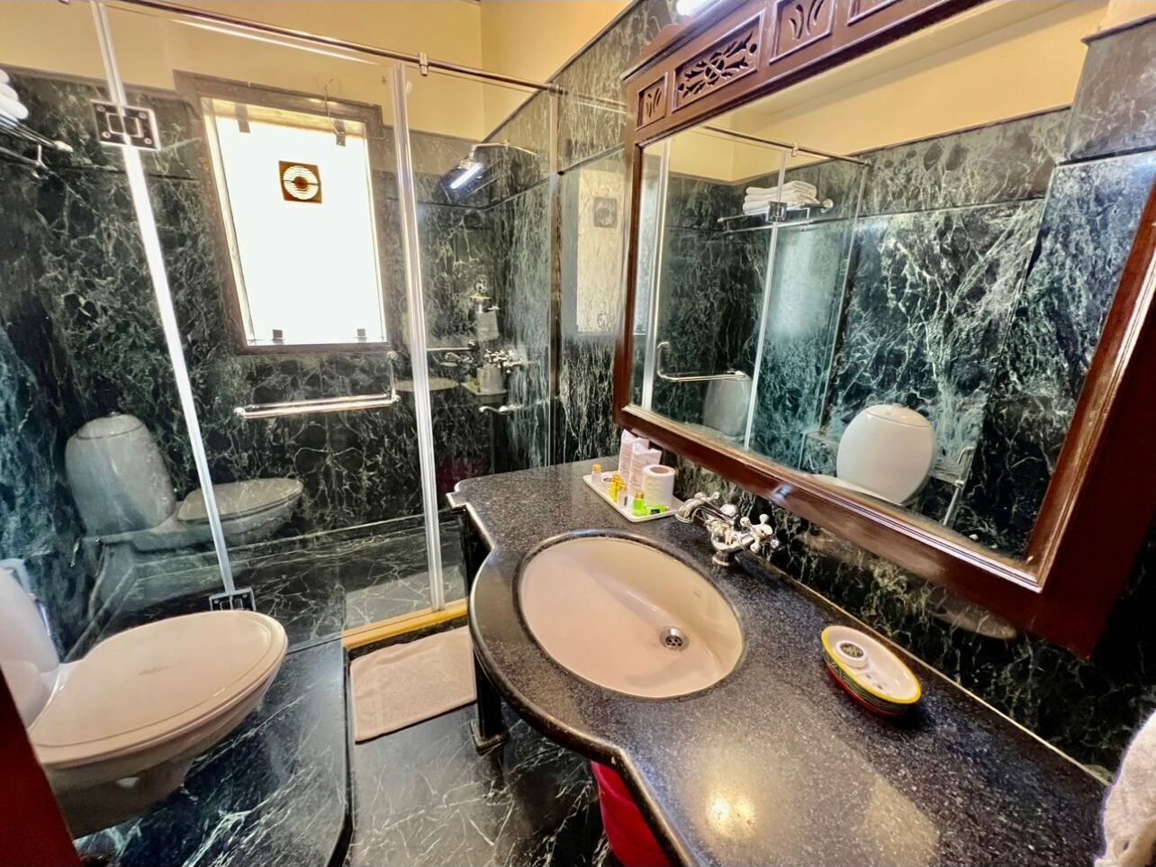 A bathroom with a marble sink, a glass shower enclosure, and a toilet.