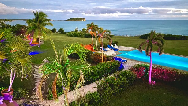 Zona de piscina en un resort con vista al océano, palmeras y sillones de descanso.