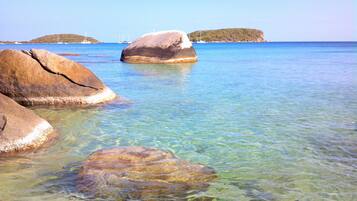 Private beach, white sand, beach towels, snorkelling