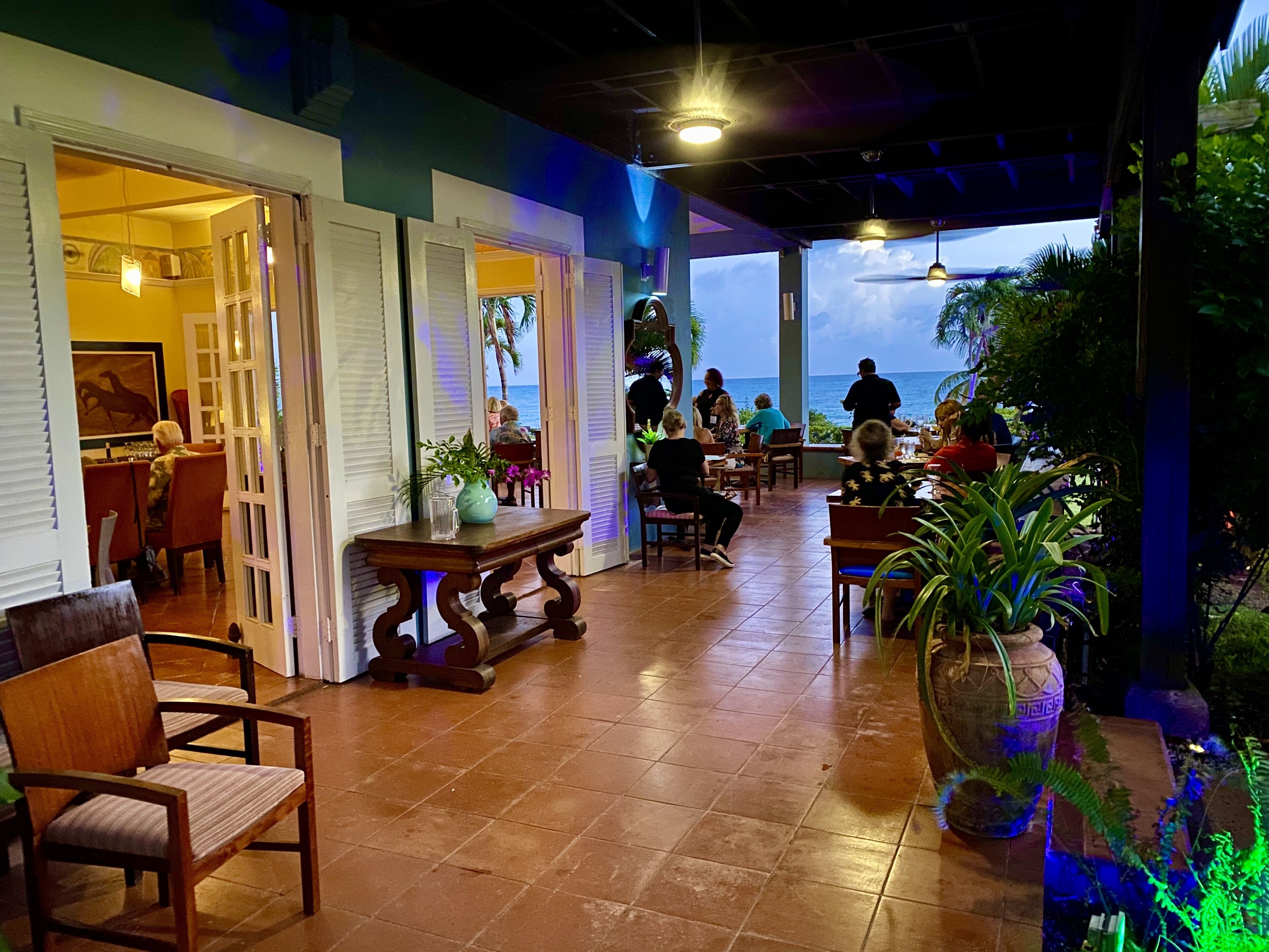 An indoor dining area with tables and chairs, a view of the ocean, and a tropical plant in the foreground.