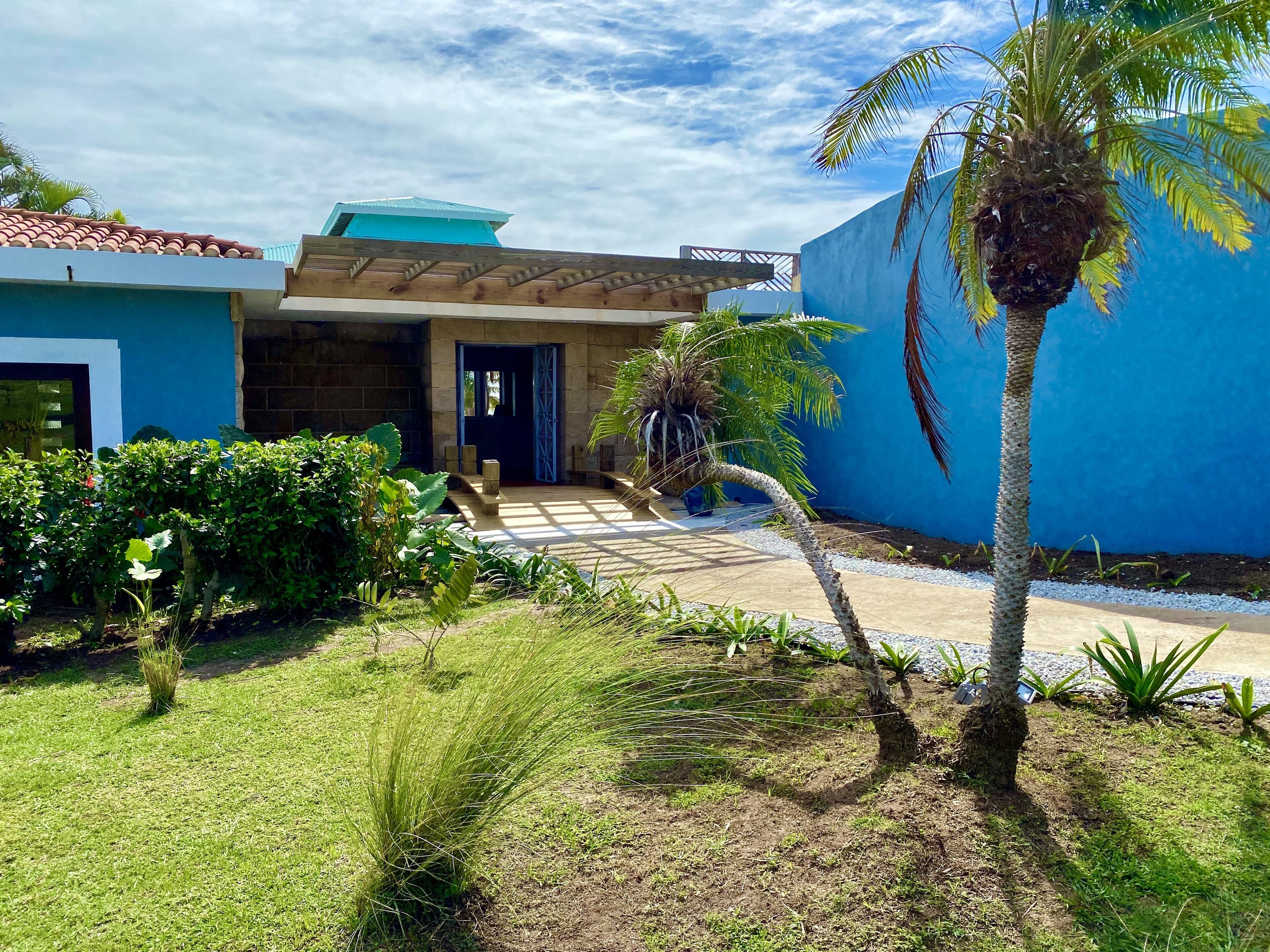 A modern building with a blue exterior, a covered entrance, and a well-maintained garden with palm trees and shrubs.