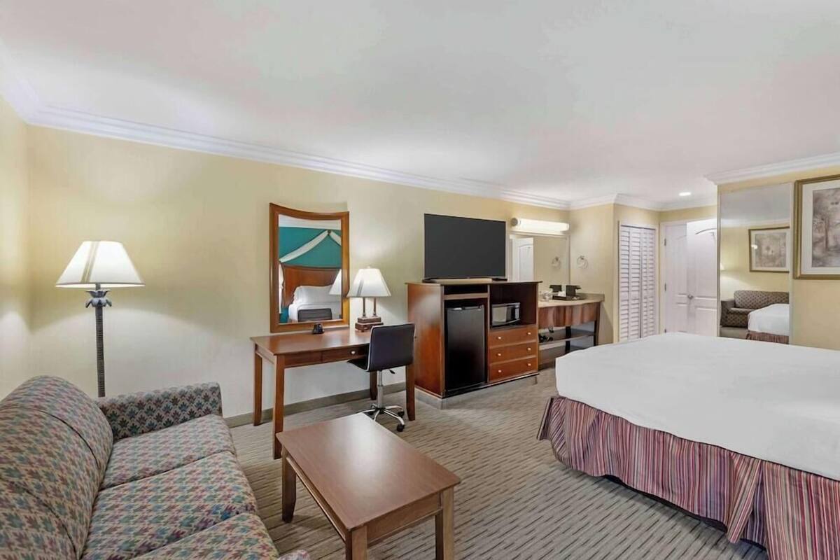 A hotel room with a bed, a desk, a chair, a television, a minibar, and a sofa.