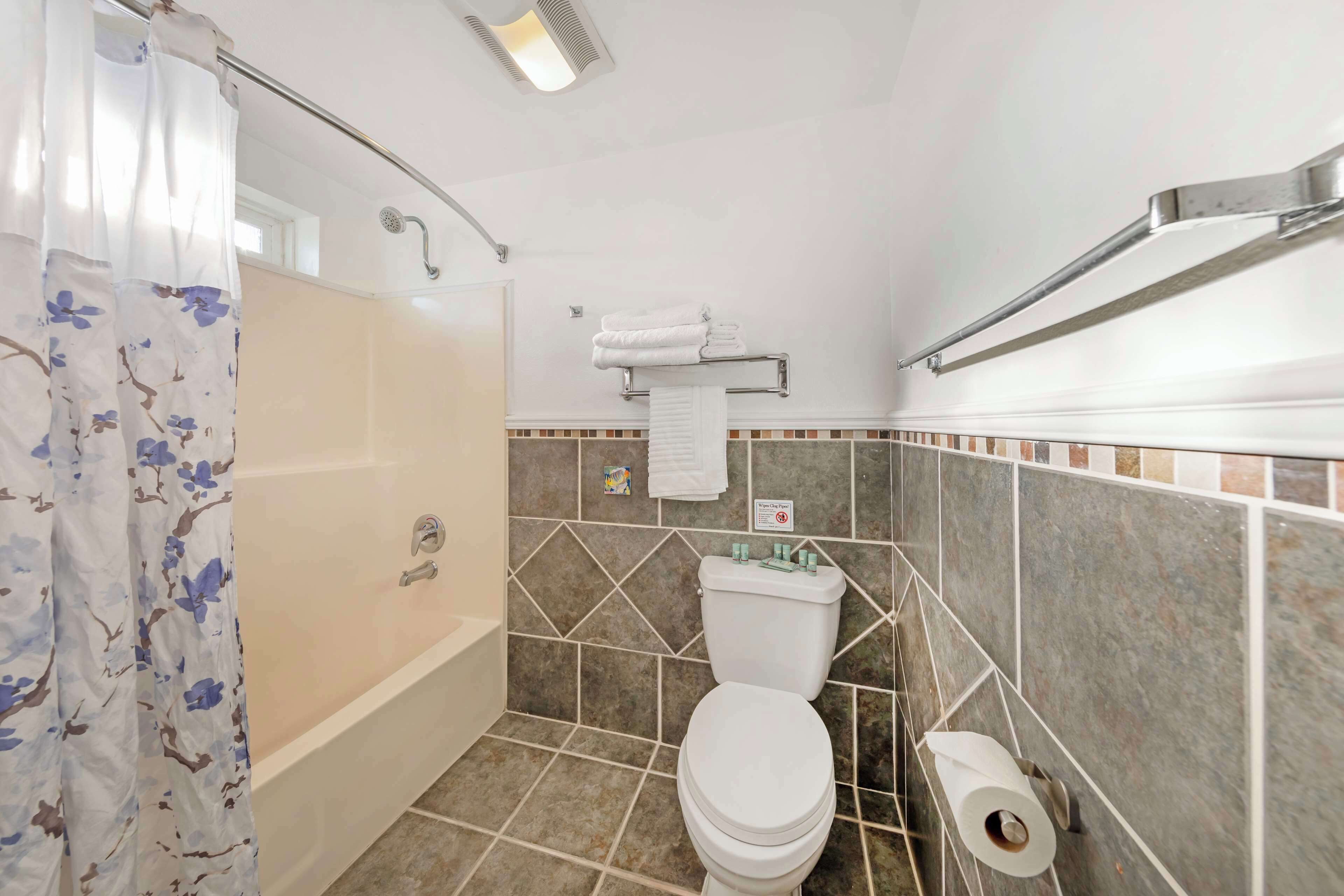 combined shower/bathtub, hydromassage showerhead, free toiletries