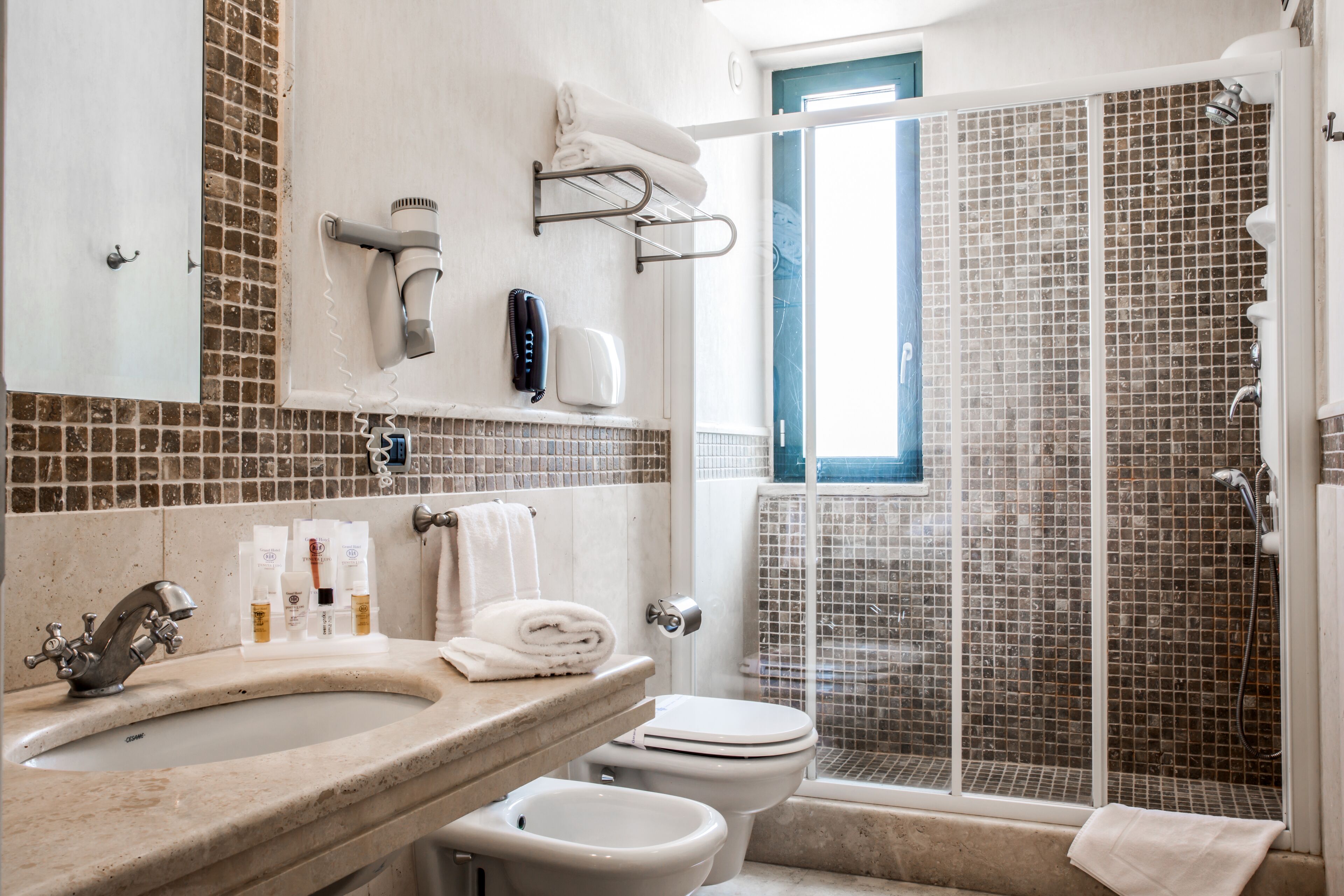 hair dryer, bidet, towels, soap