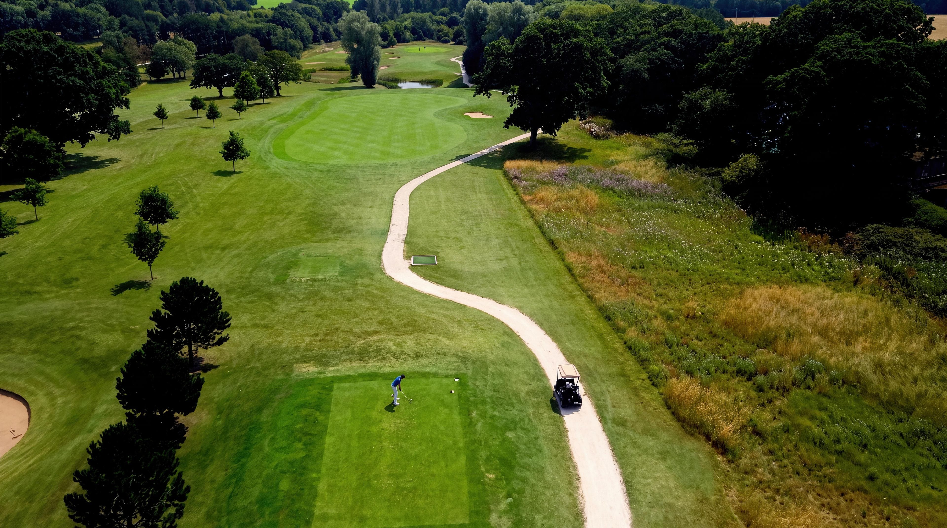 Vista aérea de un campo de golf con un camino serpenteante, búnkeres de arena y árboles.