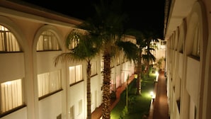 A corridor with palm trees, arched windows, and a pathway.