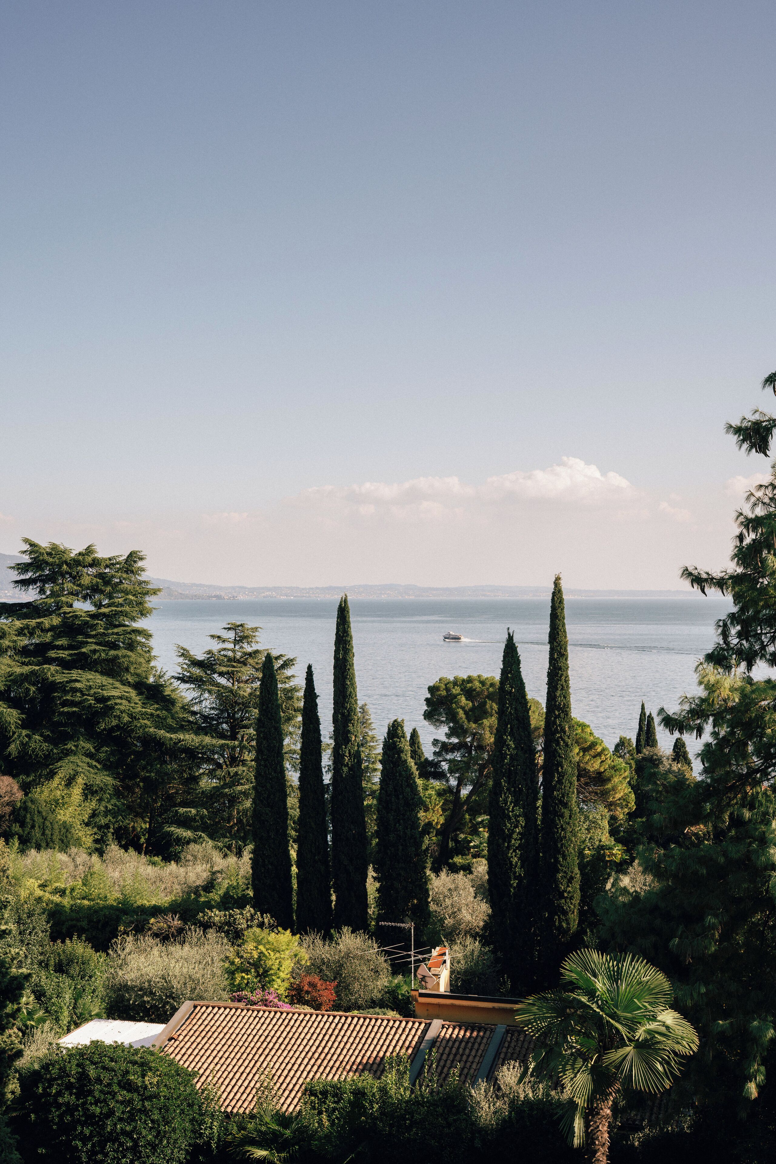 A coastal landscape with a house surrounded by tall cypress trees and a view of the sea.