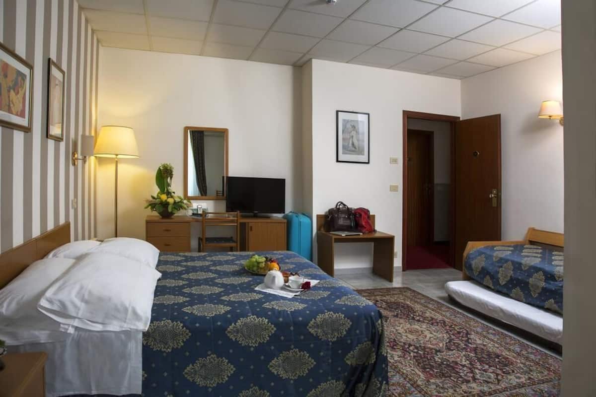 Habitación de hotel con cama, escritorio, televisor, silla, lámpara de escritorio, espejo, puerta y una alfombra pequeña.