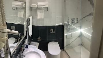Hair dryer, slippers, bidet, towels