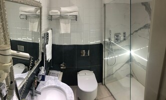 Hair dryer, slippers, bidet, towels