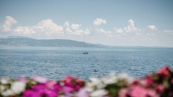 A coastal view with a boat in the distance, a clear sky, and a mountain range in the background.