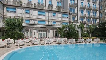 Outdoor pool, open 8 AM to 7 PM, pool umbrellas