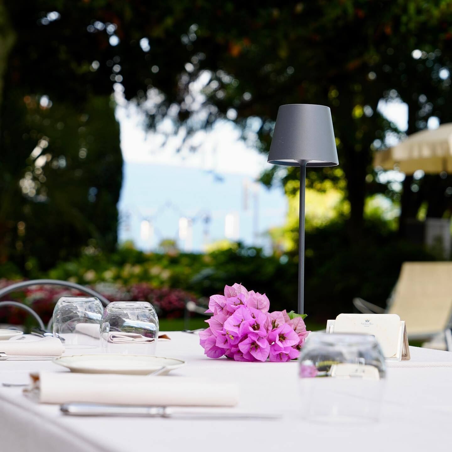A table set with clear glassware, a purple flower centerpiece, and a modern lamp.