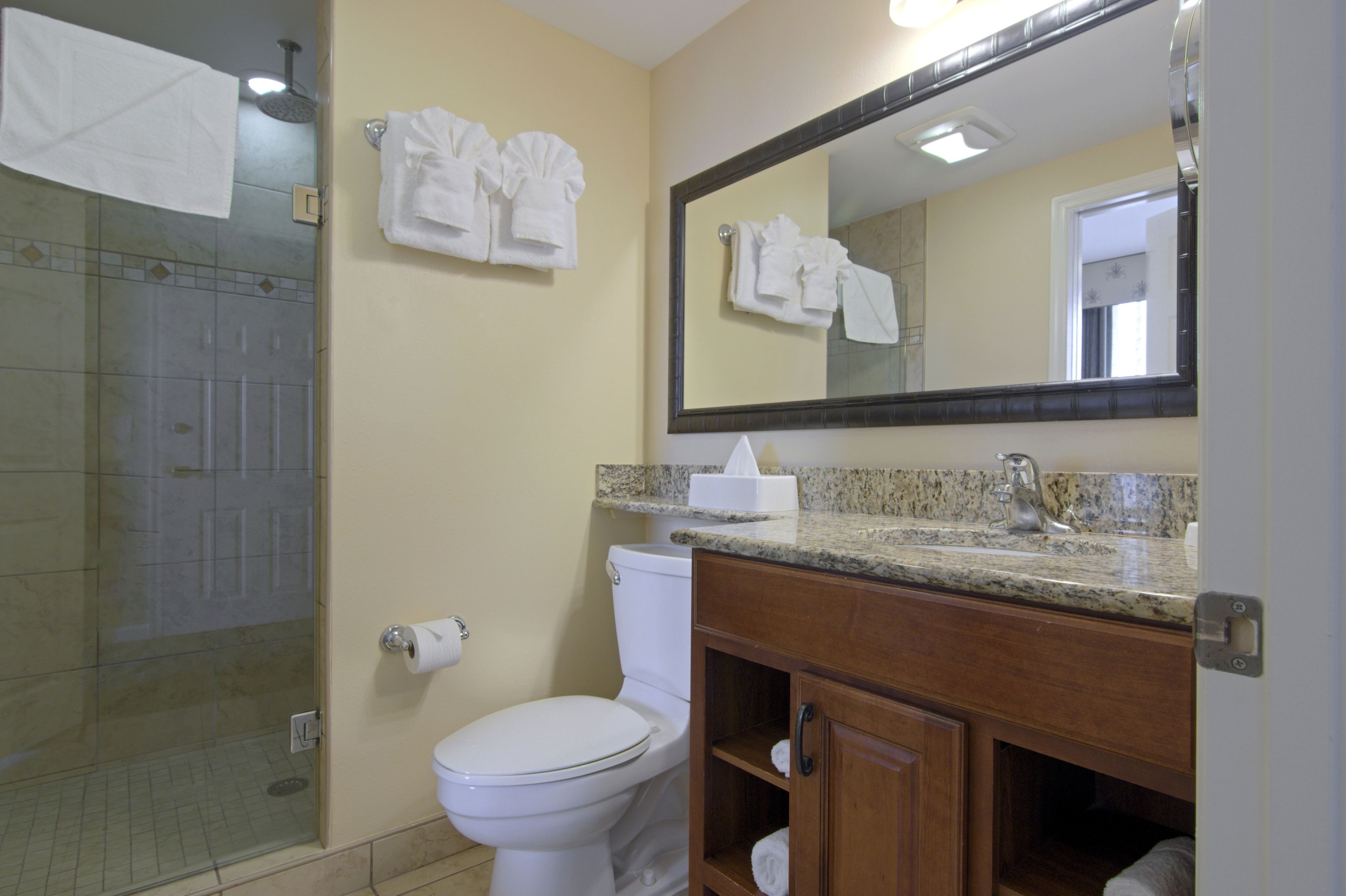 Un baño con inodoro, lavamanos, espejo y ducha.