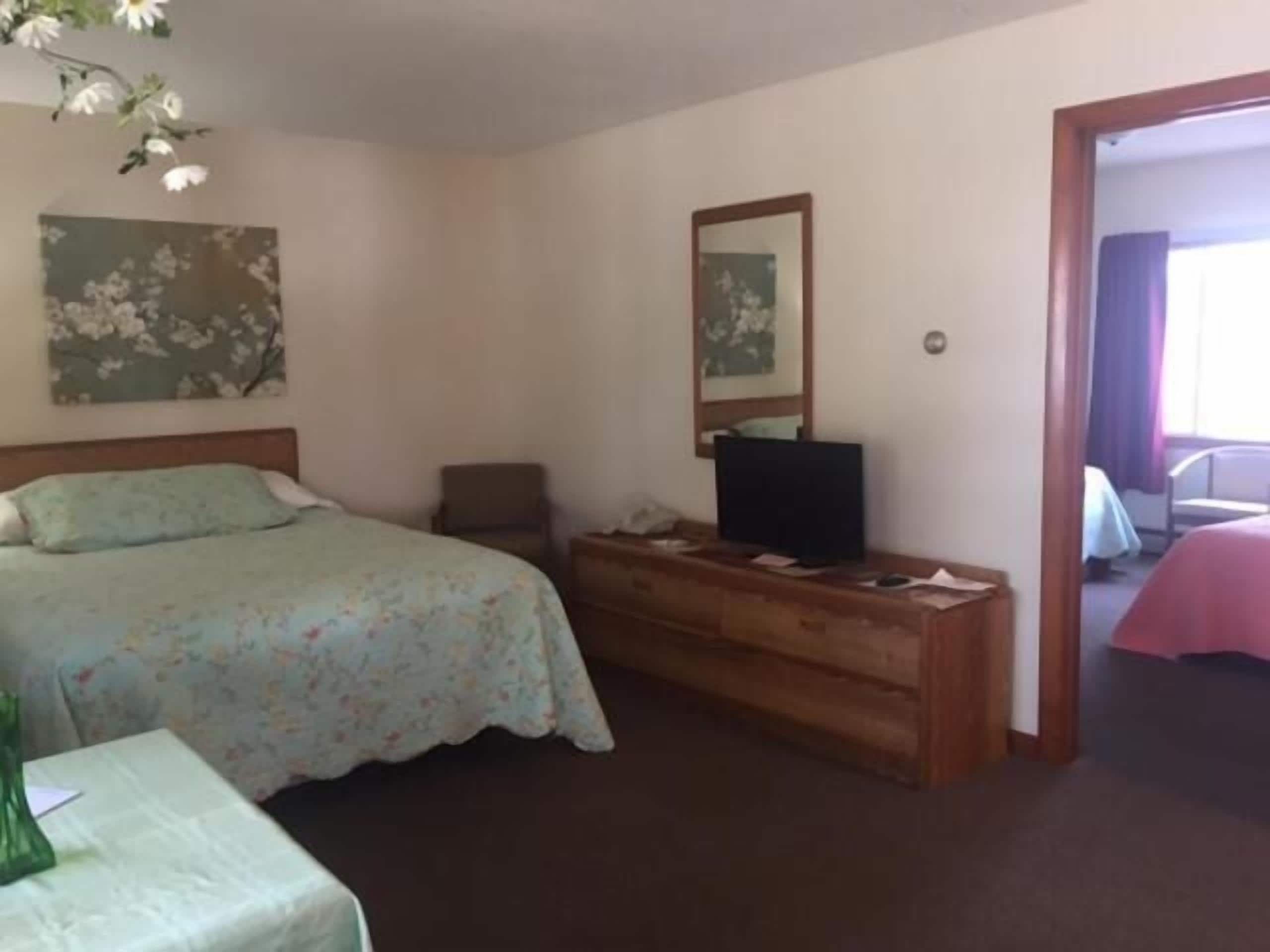 Une chambre à coucher avec un lit, une commode, un miroir et un téléviseur.