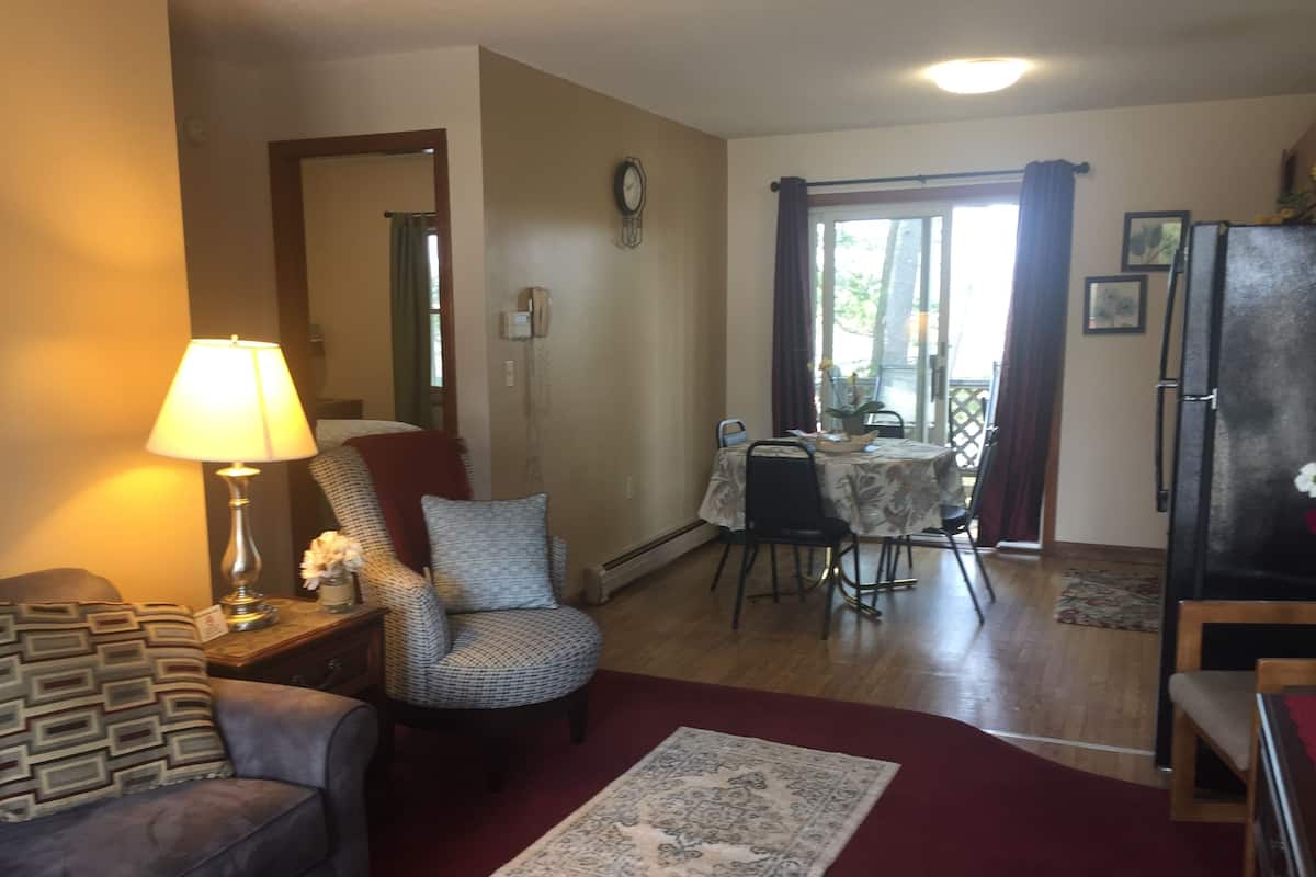Ein Wohnzimmer mit einer Couch, einem gemusterten Sessel, einem Esstisch mit Stühlen, einem Kühlschrank und einer Lampe.