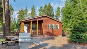 Eine Holzhütte mit Veranda und Grill vor der Tür.