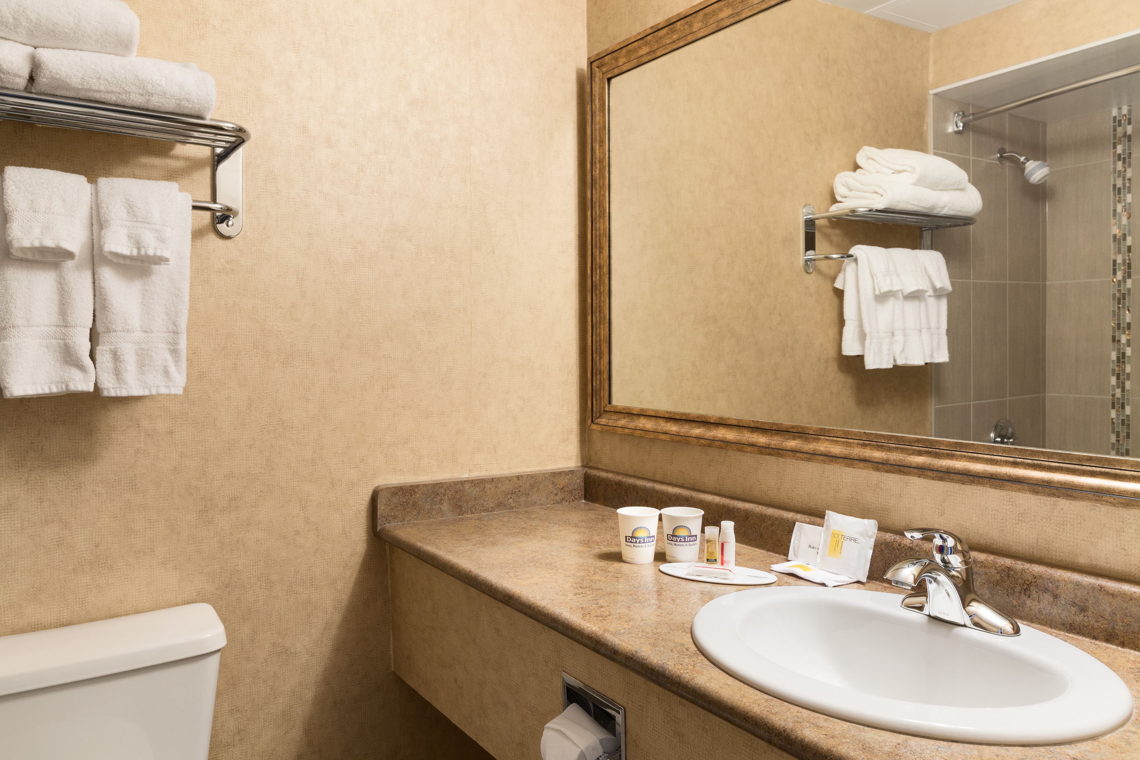 Un bagno con lavandino, specchio, porta asciugamani e doccia.