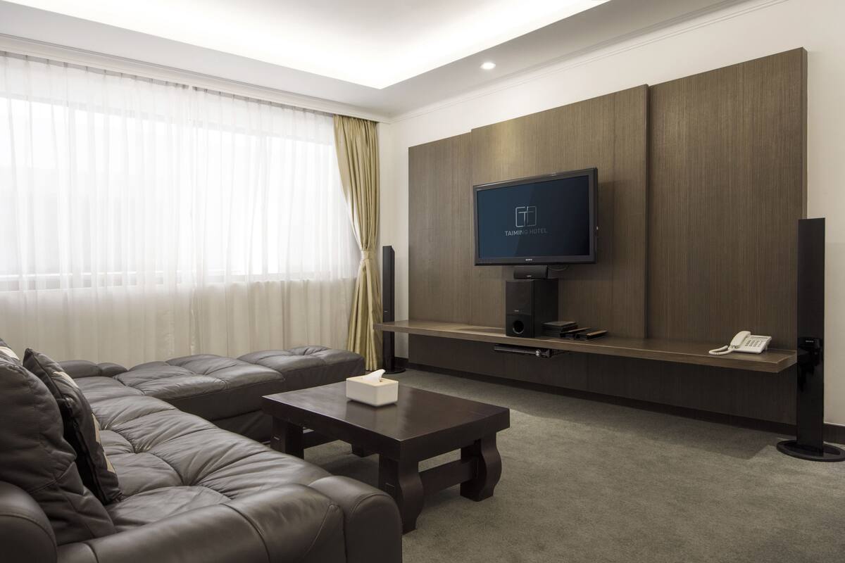Ein modernes Hotelzimmer mit einem großen Flachbildfernseher an einer Wand aus Holzpaneelen, einer Ledersofa, einem kleinen Couchtisch und einem Telefon auf einer Holzkonsole.