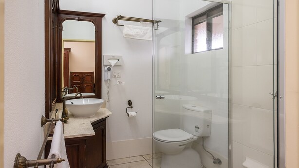 Un baño con ducha de vidrio, un lavamanos con espejo y un inodoro.
