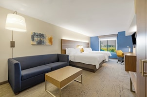 Habitación de hotel con sofá, cama, escritorio y televisor.
