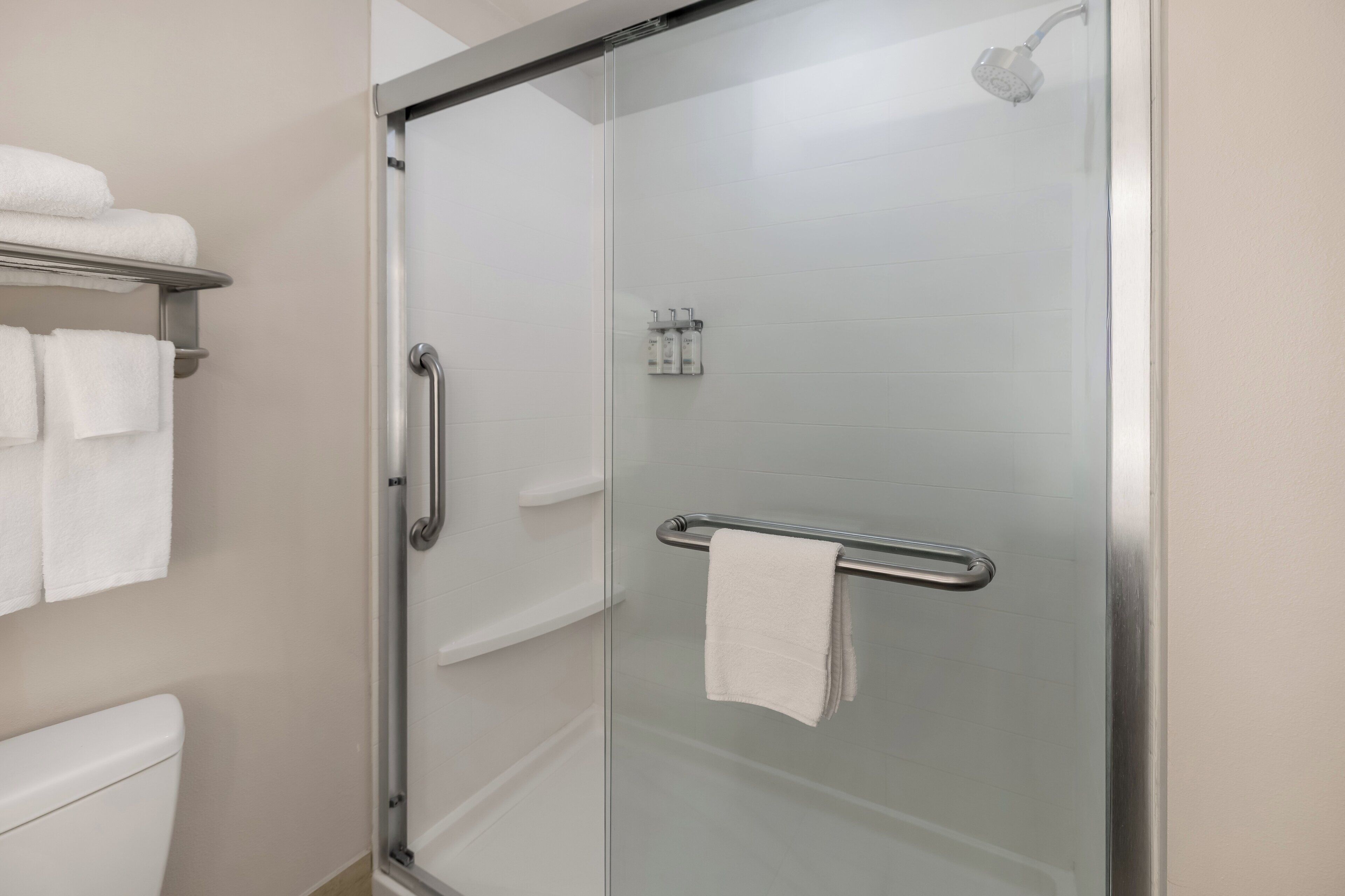 A modern bathroom with a glass-enclosed shower, a glass door, and a towel rack with a folded towel.