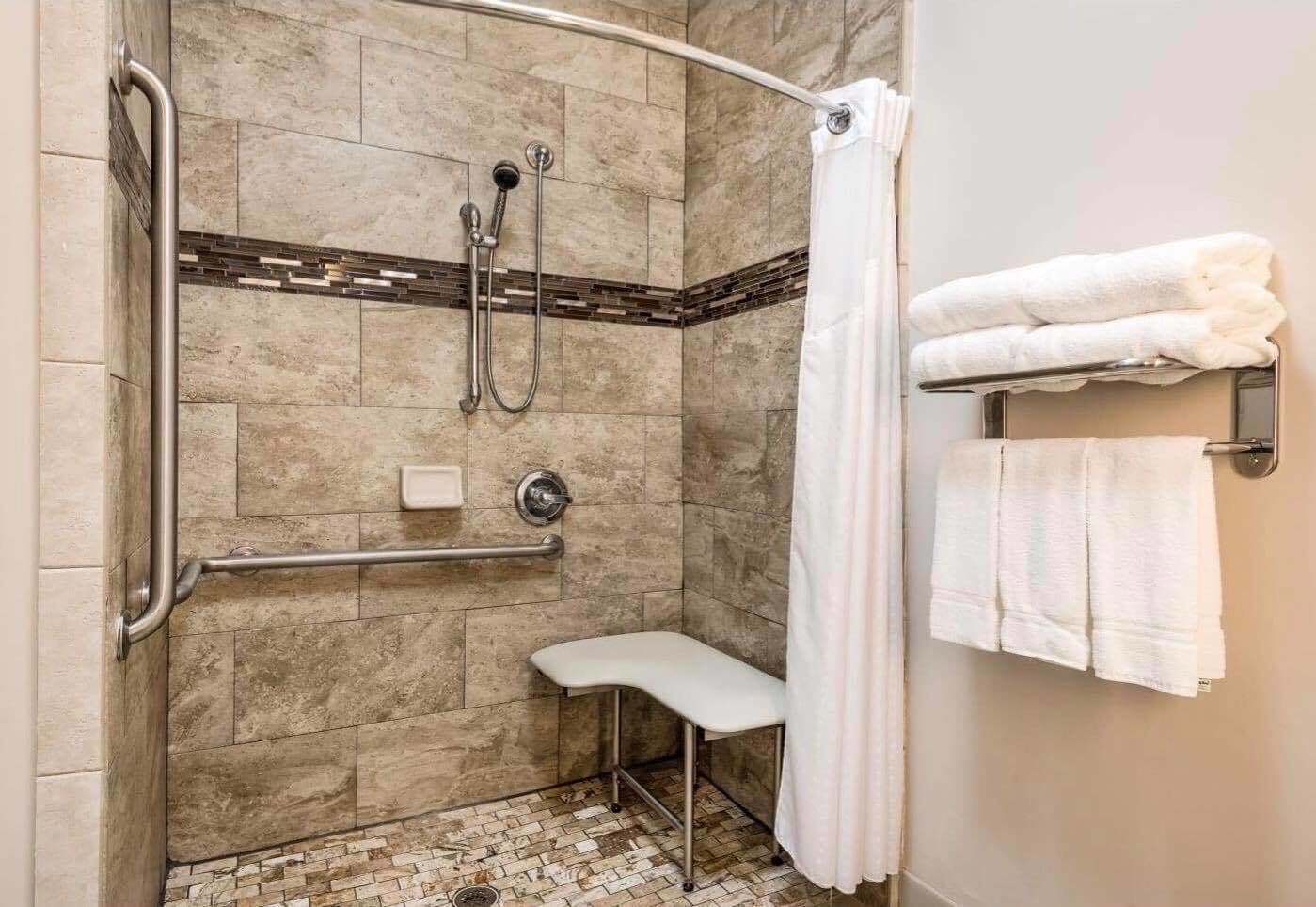 standard room, 2 queen beds, accessible (hearing, roll-in shower) | bathroom | free toiletries, hair dryer, towels