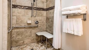 A shower area with a bench, grab bars, and a towel rack. - Holiday Inn Express Bartow by IHG (Bartow)